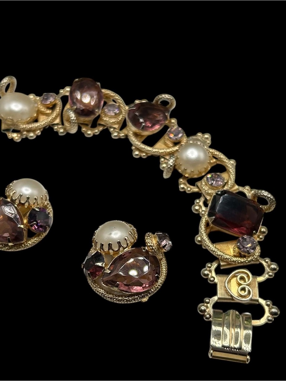 Vintage Chunky Amethyst Glass Faux Pearl Book Chain Bracelet Earring Set